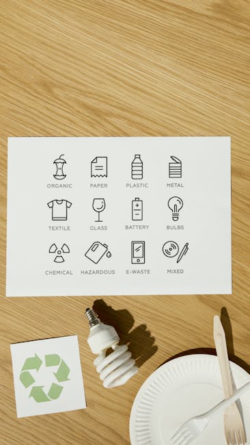 A white printed sheet displaying various waste category icons, including organic, paper, plastic, metal, textile, glass, battery, bulbs, chemical, hazardous, e-waste, and mixed waste, is positioned on